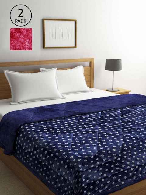 

KLOTTHE Navy Blue & Magenta Set of 2 Floral Heavy Winter Double Bed Quilt
