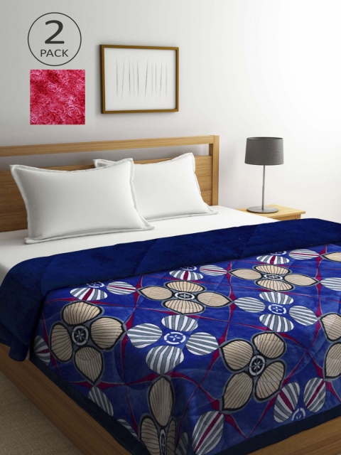 

KLOTTHE Blue & Magenta Set of 2 Floral Heavy Winter Double Bed Quilt