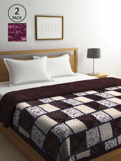 

KLOTTHE Set Of 2 Brown & Magenta Geometric Printed Fur Heavy Winter Double Bed Quilt