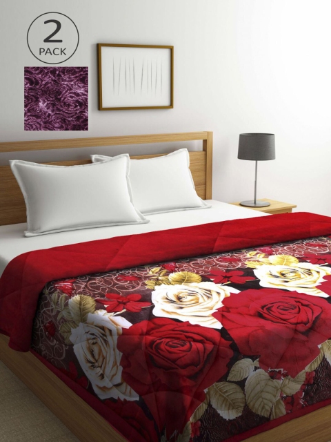 

KLOTTHE Violet & Red Set of 2 Floral Heavy Winter Double Bed Quilt