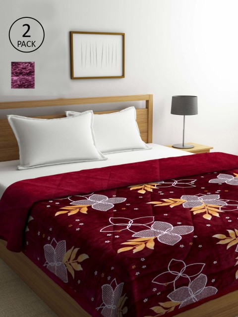 

KLOTTHE Red & Violet Set of 2 Floral Heavy Winter Double Bed Quilt