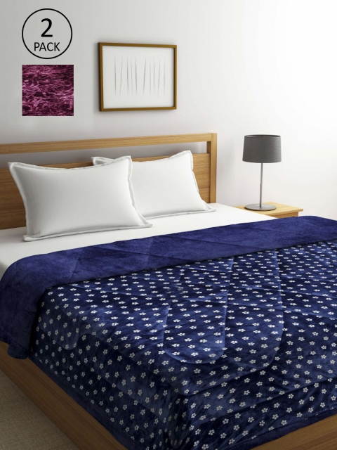 

KLOTTHE Set Of 2 Printed Heavy Winter 800 GSM Double Bed Quilt, Navy blue