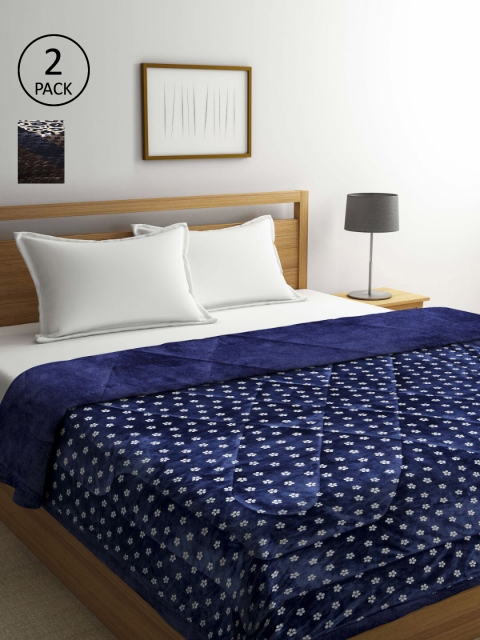

KLOTTHE Brown & Navy Blue Set of 2 Floral Heavy Winter Double Bed Quilt
