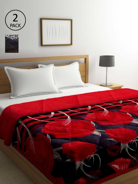 

KLOTTHE Brown & Red Set of 2 Floral Heavy Winter Double Bed Quilt