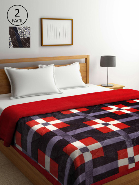

KLOTTHE Set Of 2 Red & Brown Geometric Printed 800 GSM Double Bed Quilt