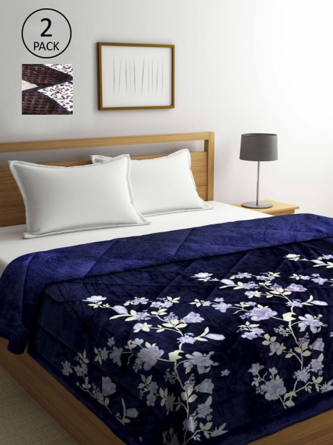 

KLOTTHE Coffee Brown & Navy Blue Set of 2 Floral Heavy Winter Double Bed Quilt