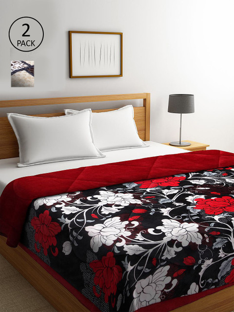 

KLOTTHE Set Of 2 Red & Brown Floral Printed Fur Heavy Winter Double Bed Quilt