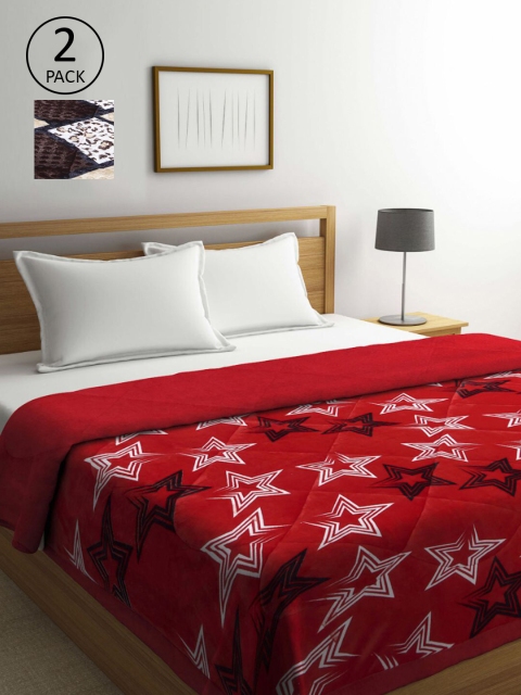 

KLOTTHE Coffee Brown & Red Set of 2 Geometric Heavy Winter Double Bed Quilt