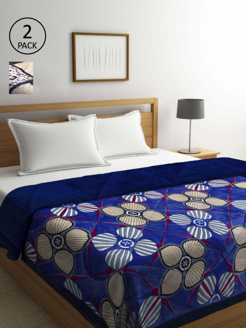 

KLOTTHE Set of 2 Floral Heavy Winter Double Bed Quilt, Blue