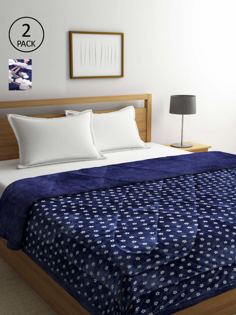 

KLOTTHE Navy Blue & White Set of 2 Floral Heavy Winter Double Bed Quilt