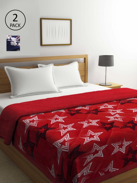 

KLOTTHE Set Of 2 Red & White Floral Printed 800 GSM Double Bed Quilt