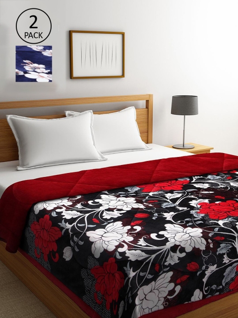 

KLOTTHE Red & Blue Set of 2 Floral 800 GSM Fur Heavy Winter Double Bed Quilts