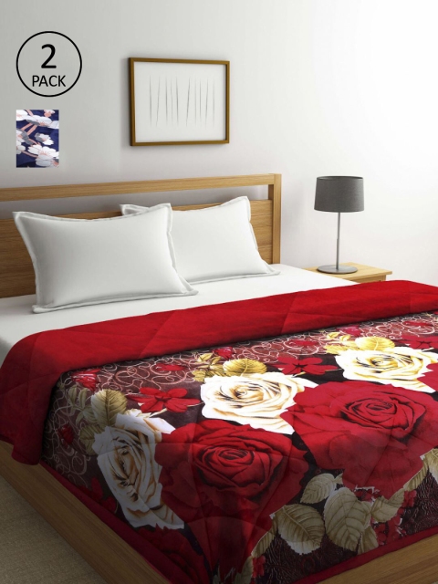 

KLOTTHE Set Of 2 Red & Navy Blue Floral Printed Fur Heavy Winter Double Bed Quilt