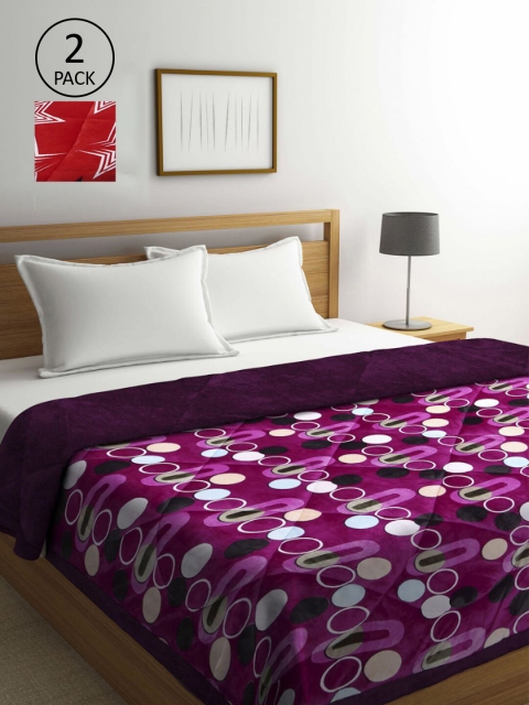 

KLOTTHE Purple & Red Set of 2 800 GSM Geometric Heavy Winter Double Bed Quilt