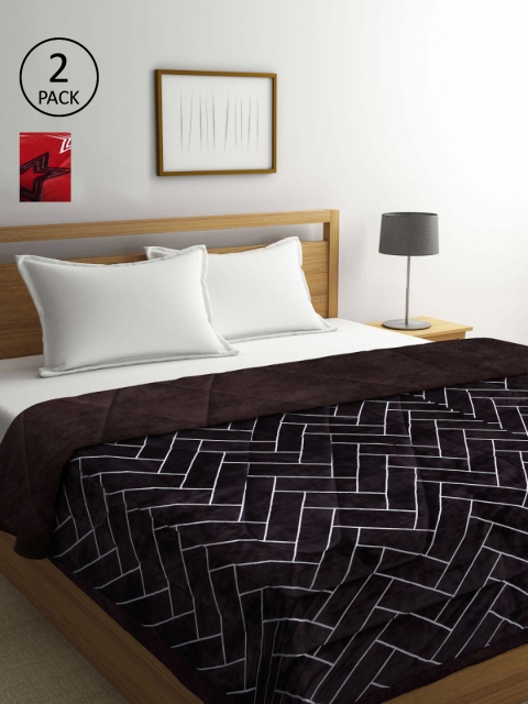 

KLOTTHE Set Of 2 Coffee Brown & Red Geometric Printed Fur Heavy Winter Double Bed Quilt