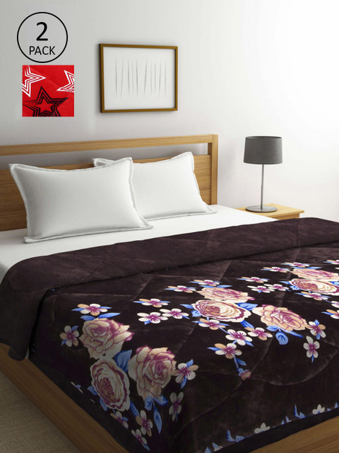 

KLOTTHE Brown & Red Set of 2 Floral Heavy Winter Double Bed Quilt