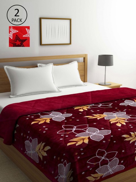 

KLOTTHE Set Of 2 Red & Maroon Floral Printed 800 GSM Double Bed Quilt