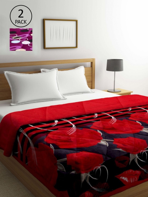 

KLOTTHE Purple & Red Set of 2 Floral Heavy Winter Double Bed Quilt