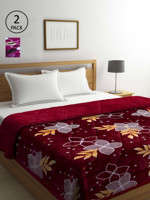 

KLOTTHE Maroon & Purple Set of 2 Floral Heavy Winter Double Bed Quilt