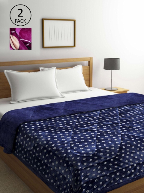 

KLOTTHE Set Of 2 Purple & Blue Floral Printed Fur Heavy Winter Double Bed Quilt