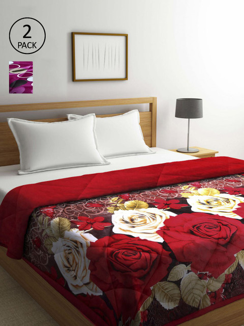 

KLOTTHE Red & Violet Set of 2 Floral Heavy Winter Double Bed Quilts