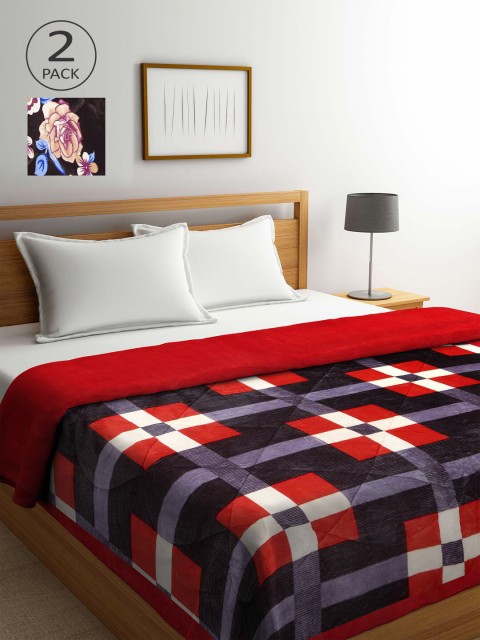 

KLOTTHE Red & White Set of 2 Geometric Heavy Winter Double Bed Quilt