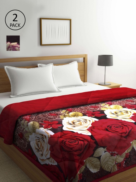 

KLOTTHE Red & Violet Set of 2 Floral Heavy Winter Double Bed Quilt