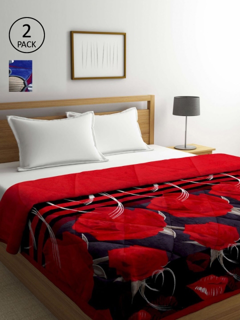 

KLOTTHE Red & Blue Set of 2 Floral Heavy Winter Double Bed Quilts
