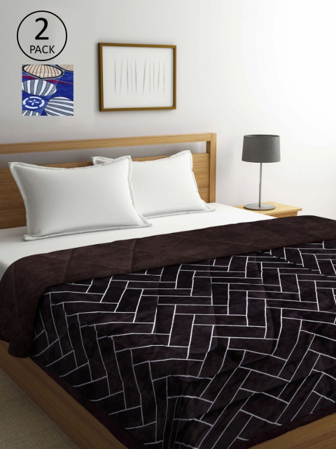 

KLOTTHE Blue & Coffee Brown Set of 2 Geometric Heavy Winter Double Bed Quilt