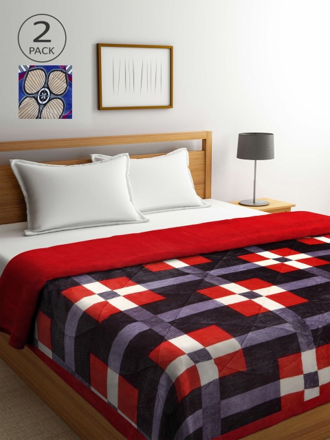 KLOTTHE Set Of 2 Red & Blue Geometric Printed Fur Heavy Winter Double Bed Quilt