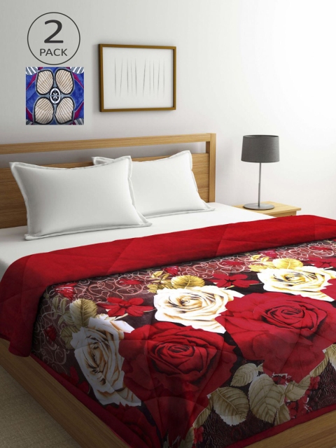 

KLOTTHE Red & Blue Set of 2 Floral Heavy Winter Double Bed Quilt