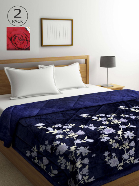 

KLOTTHE Red & Navy Blue Set of 2 Floral Heavy Winter Double Bed Quilt
