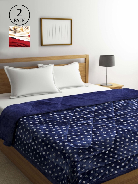 

KLOTTHE Blue & Red Set of 2 Floral Heavy Winter Double Bed Quilt