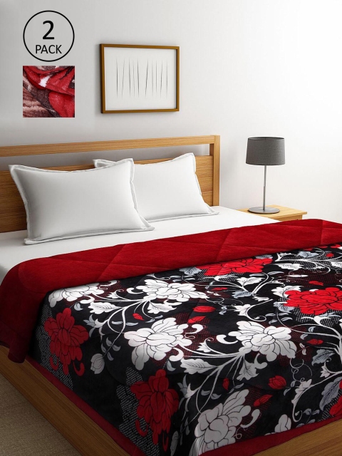 

KLOTTHE Red & Black Set of 2 Floral Heavy Winter Double Bed Quilt