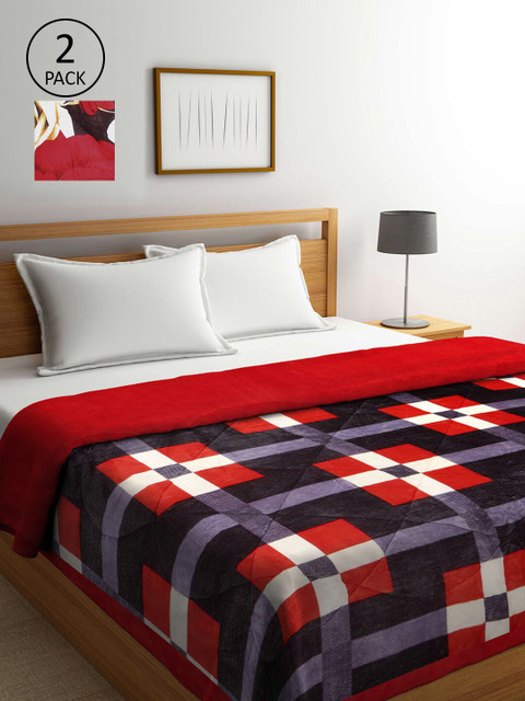 

KLOTTHE Set Of 2 Red & Blue Geometric Printed Fur Heavy Winter Double Bed Quilt