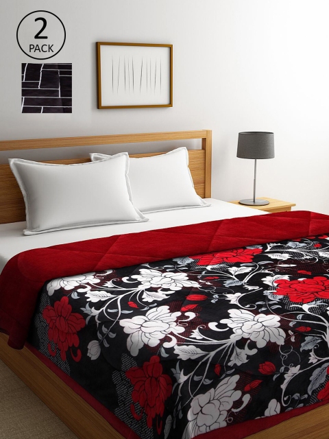 

KLOTTHE Set Of 2 Red & Burgundy Floral Printed 800 GSM Double Bed Quilt