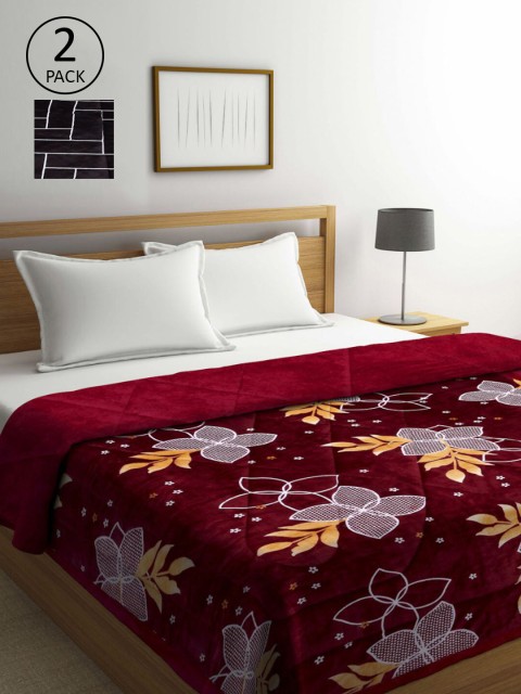 KLOTTHE Set of 2 Floral Heavy Winter Double Bed Quilt, Maroon