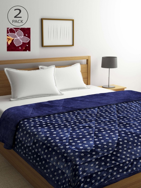 

KLOTTHE Blue & Maroon Set of 2 Floral Heavy Winter Double Bed Quilt
