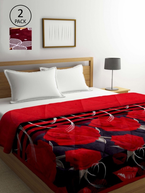 

KLOTTHE Red & Maroon Set of 2 Floral 800 GSM Fur Heavy Winter Double Bed Quilts