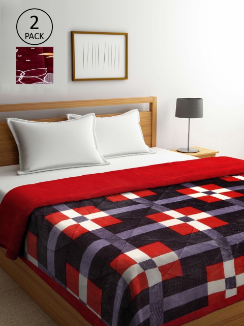 

KLOTTHE Set Of 2 Blue & Red Floral Printed Fur Heavy Winter Double Bed Quilt