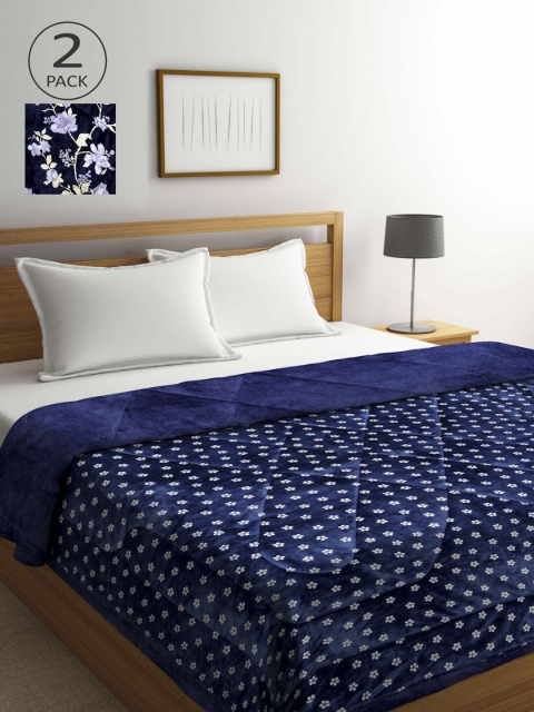 

KLOTTHE White & Blue Set of 2 Floral Heavy Winter Double Bed Quilt