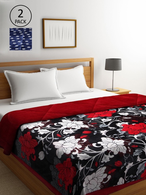 

KLOTTHE Navy Blue & Red Set of 2 Floral Heavy Winter Double Bed Quilt