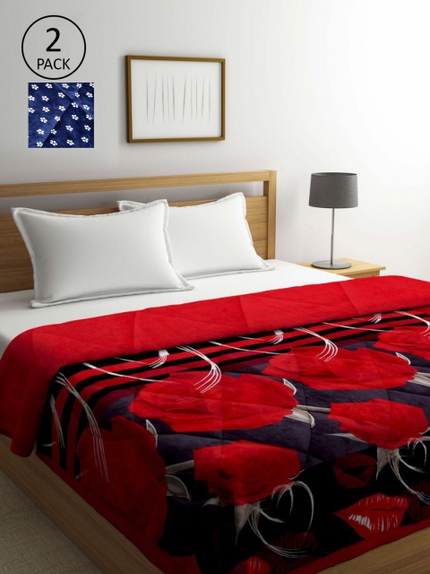 

KLOTTHE Navy Blue & Red Set of 2 Floral Heavy Winter Double Bed Quilt