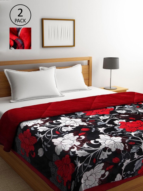 

KLOTTHE Set Of 2 Red & Black Floral Printed Fur Heavy Winter Double Bed Quilt