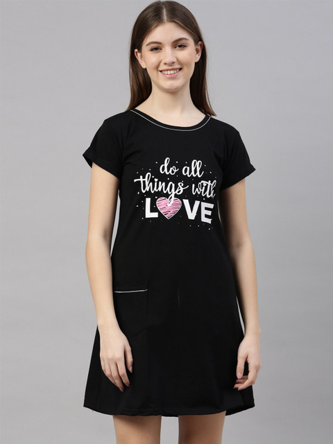 

TRUNDZ Women Black Typography Printed Nightdress
