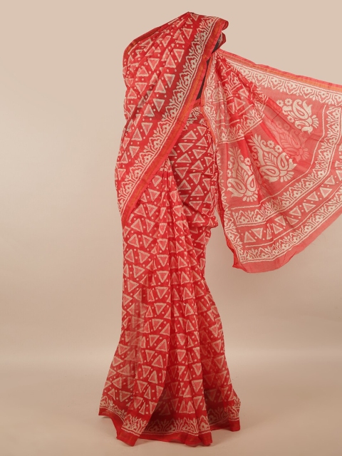 

Pothys Red & White Batik Zari Saree