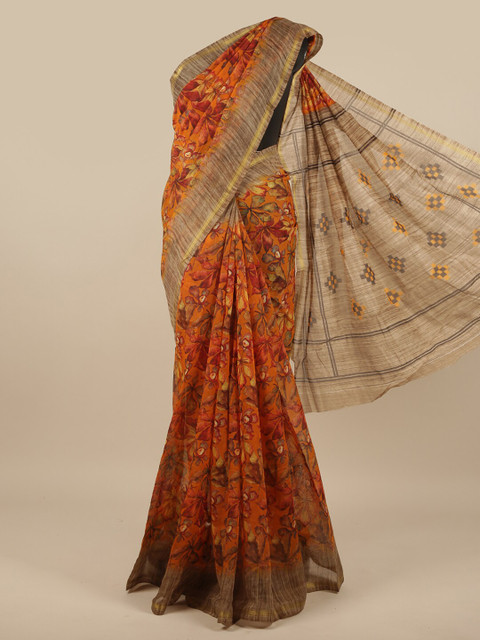 

Pothys Mustard & Orange Floral Printed Zari Saree