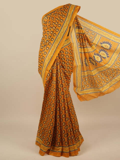 

Pothys Mustard & Blue Ethnic Motifs Printed Saree
