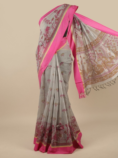 

Pothys Grey & Pink Floral Printed Zari Pure Cotton Saree
