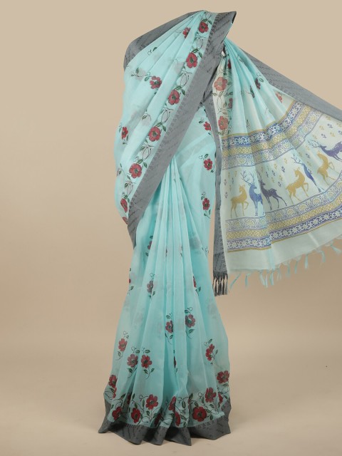 

Pothys Blue & Red Floral Printed Pure Cotton Saree